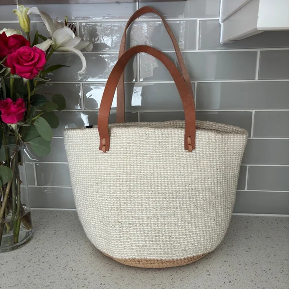 Mifuko Handwoven Basket Tote Leather Handles Fair Trade Market Bag Boho - Picture 2 of 7